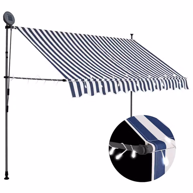 Berkfield Home Manual Retractable Awning with LED, Blue and White Striped Polyester, Width: 300 cm