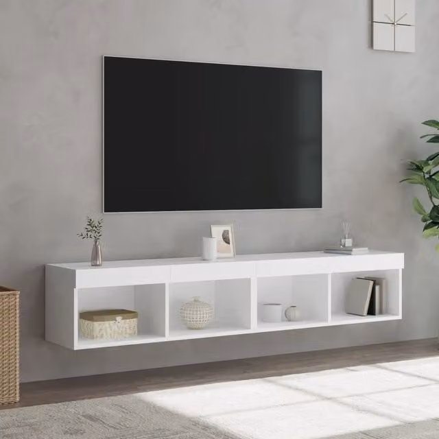Berkfield Home Set of 2 White Glossy Wall Mounted TV Cabinets with Integrated LED Lighting, W/D/H: 80 x 30 x 30 cm