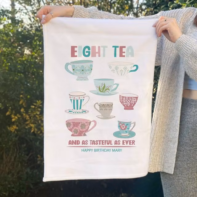 Afewhometruths Personalised Eight Tea 80th Birthday Gift Tea Towel in White, W: 60 cm