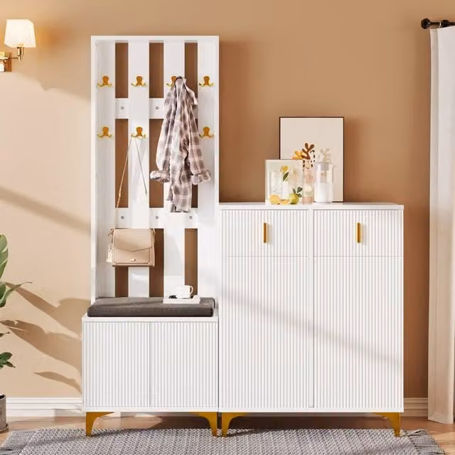 Rolipo White and Gold Modern Hallway Set with Shoe Bench, Cabinet, and Drawers