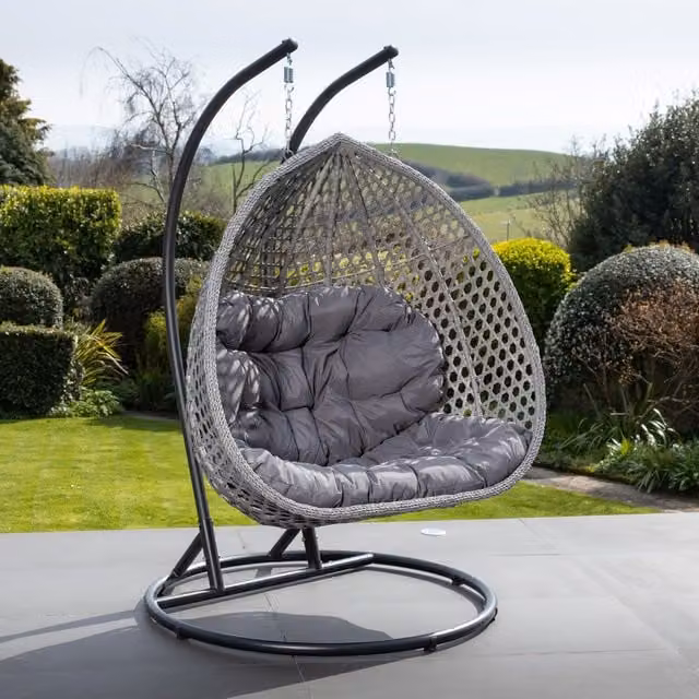 Artemis Home Oakley Double Swing Egg Pod Chair in Grey Polyrattan with Microfibre Cushions