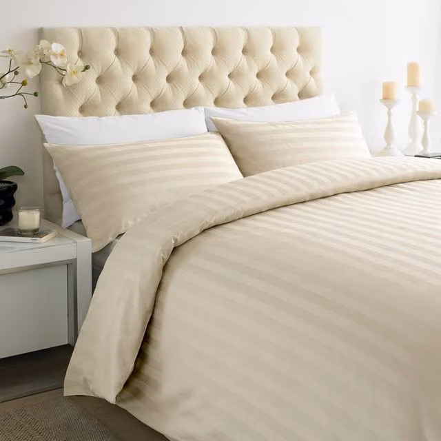 Roseley 250TC Mako Satin Striped Cotton Duvet Cover and Pillowcase Set, Beige, W/D/H: 180 x 200 cm