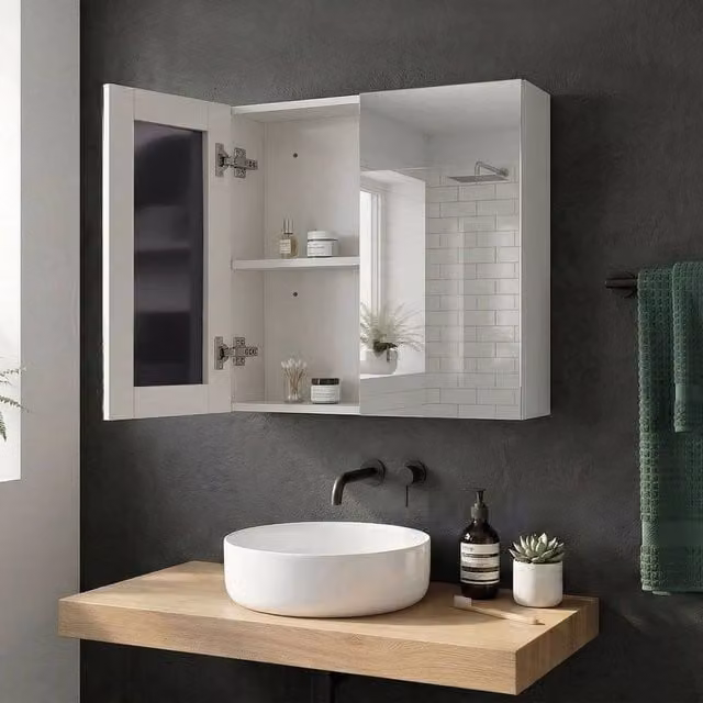 Wyld and Coco White Plywood Wall Mounted Mirror Cabinet with 2 Soft Close Glass Doors and Internal Shelves, W/D/H: 60 x 60 x 60 cm