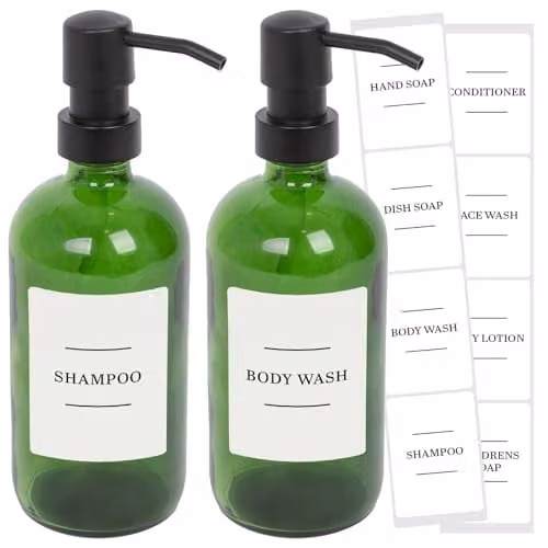 Harbour Housewares Pack of 2 Green Glass Soap Dispensers with Black Pumps and White Labels, 500ml