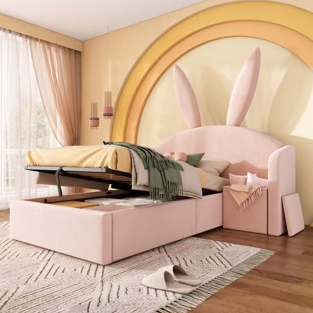 Bunny Ears Single Upholstered Bed with Storage and Nightstand in Pink, W/D/H: 90 x 190 cm