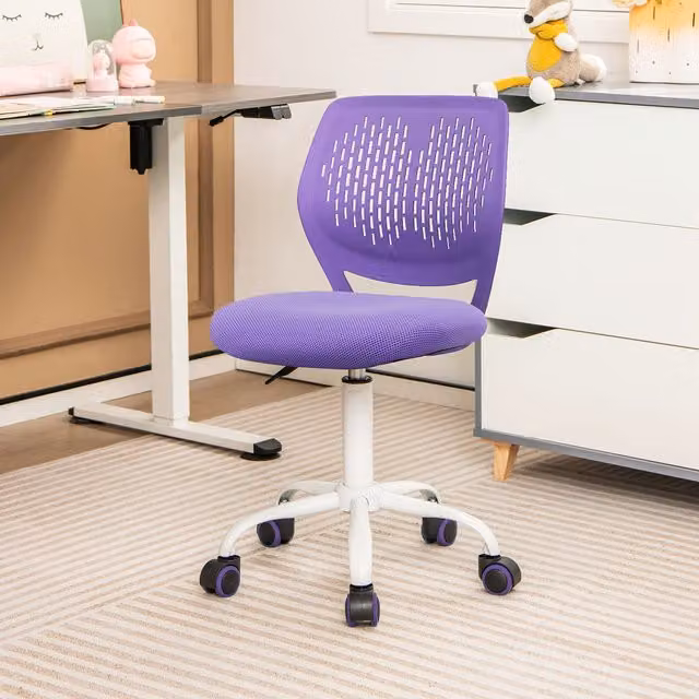 Costway Ergonomic Purple Fabric Task Chair for Children with Adjustable Height and Swivel Castors