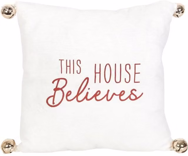 KDMK House Believes Festive Square Cushion with Jingle Bells in White and Gold