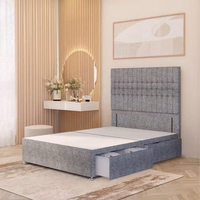 Somnior Beds Ltd Lexington King Size Divan Bed Base with 4 Drawers and 54 inch Floor Standing Headboard in Grey Tweed Fabric, W/D/H: 150 x 200 cm