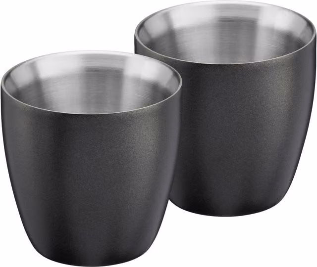 Cooks Professional Set of 2 Black Stainless Steel Double Walled Insulated Espresso Coffee Cups, 90ml Capacity