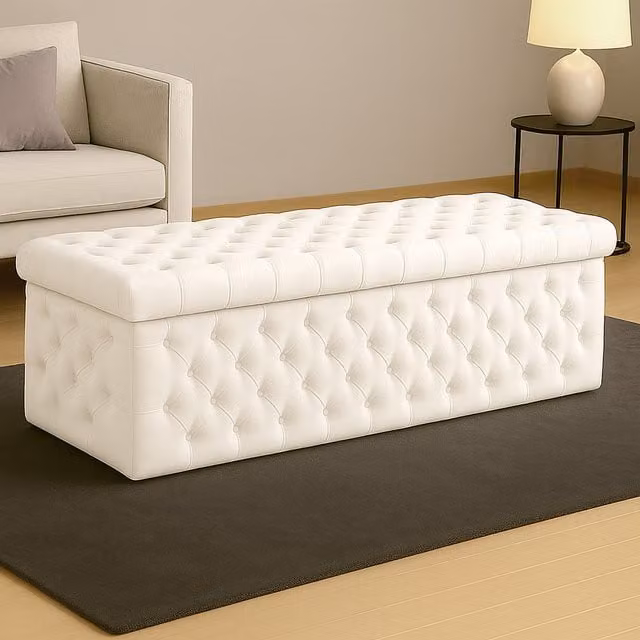 R&M Furnishers Wide Lux Chesterfield Ottoman Storage Box in Sapphire Blue and White Plush Velvet