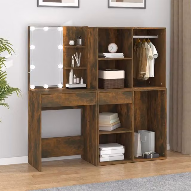 Berkfield Home LED Dressing Table with Cabinets in Smoked Oak Brown