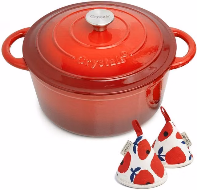 Crystals Enamelled Cast Iron Casserole Dish with Lid, Red, 6.6 l