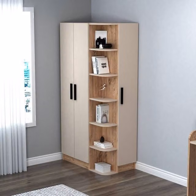 Destina Home Luses Corner Wardrobe Closet with Shelves and Hanging Rail, Right Side, Beige, Pack of 3, H 181.8 x W 90 x D 50 cm