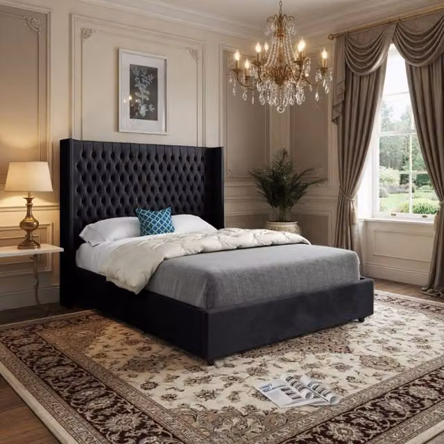 KDMD Welbury Winged Upholstered Designer Bed Frame in Black Soft Velvet, W/D/H: 120 x 200 x 137 cm