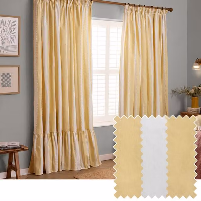 Make It A Home Birdie Stripe Fully Lined Ruffle Pencil Pleat Curtain Pair in Yellow, Height: 229 cm