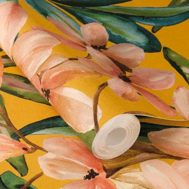 Rasch Magnolia Floral Self-Adhesive Textured Wallpaper in Yellow, Pink, Green and Gold