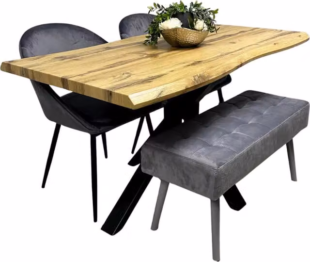 Kosy Koala Modern Wooden Dining Set with Rectangular Table, 2 Grey Velvet Chairs and Padded Grey Velvet Bench, Brown