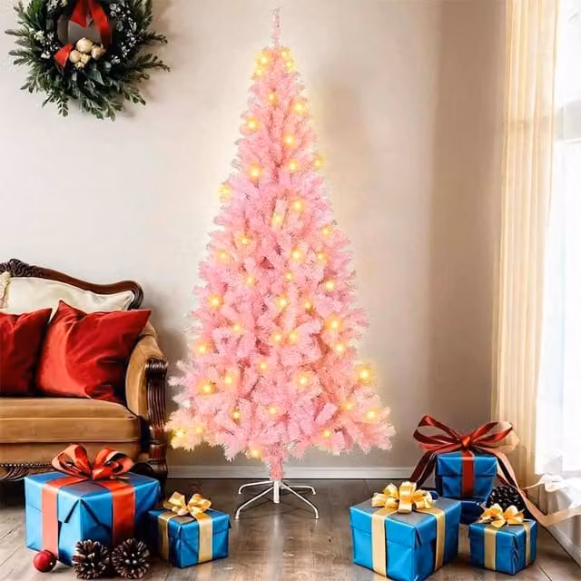 Berkfield Home Pink PVC Christmas Tree with 300 LEDs and Stand, Height: 180 cm