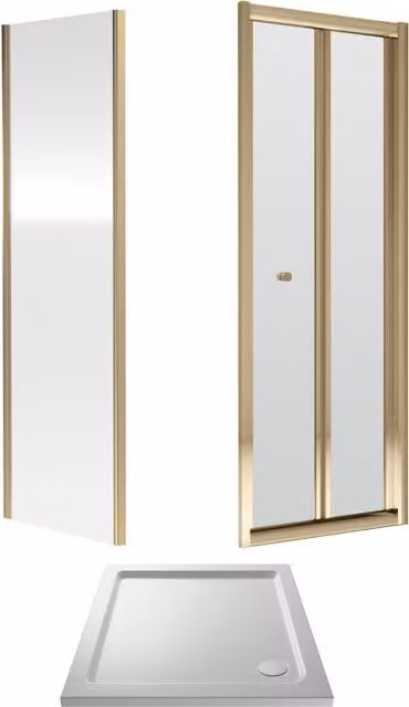 Balterley Ruwa Square Bi-Fold Shower Door and 4mm Glass Side Panel with Tray in Brass Metallics, W/D/H: 70 x 70 cm