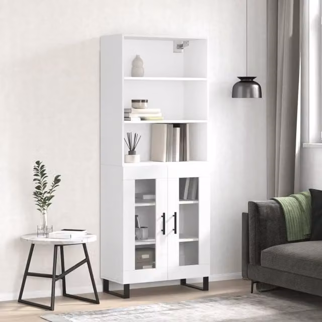 Berkfield Home Modern White Highboard with Glass Doors, W/D/H: 69.5 x 34 x 180 cm