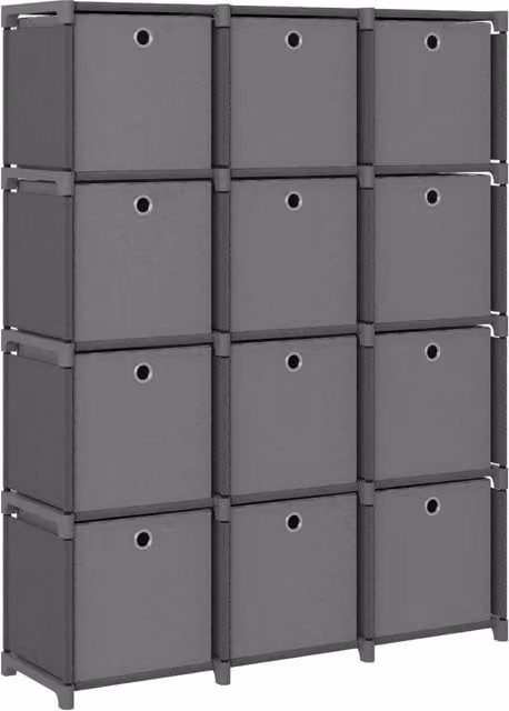 Berkfield Home 12-Cube Display Shelf with Boxes in Grey Fabric and Metal, W/D/H: 103 x 30 x 141 cm