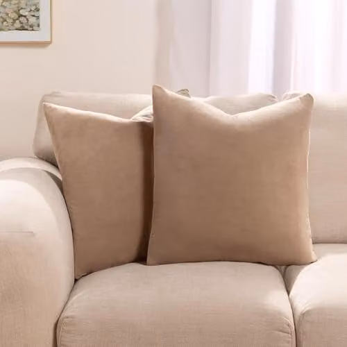 OHS Set of 2 Matte Velvet Filled Square Cushions in Beige, W/D/H: 45 x 45 x 45 cm