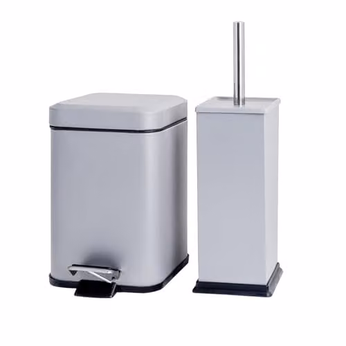 Harbour Housewares 3L Square Stainless Steel Bathroom Bin and Toilet Brush Set in Grey