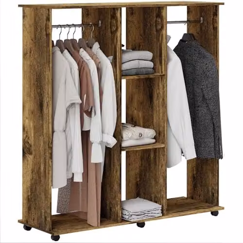 HOMCOM Double Open Mobile Wardrobe with Clothes Hanging Rails in Rustic Brown, W/D/H: 120 x 40 x 128 cm