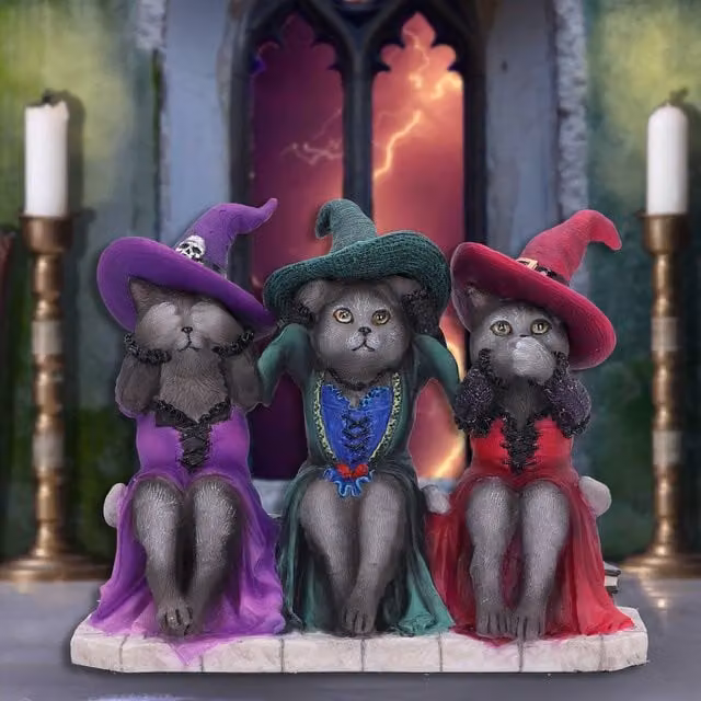 Nemesis Now Three Wise Witchy Kittys Multicolour Ceramic Halloween Tabletop Ornament, Height: 15.3 cm