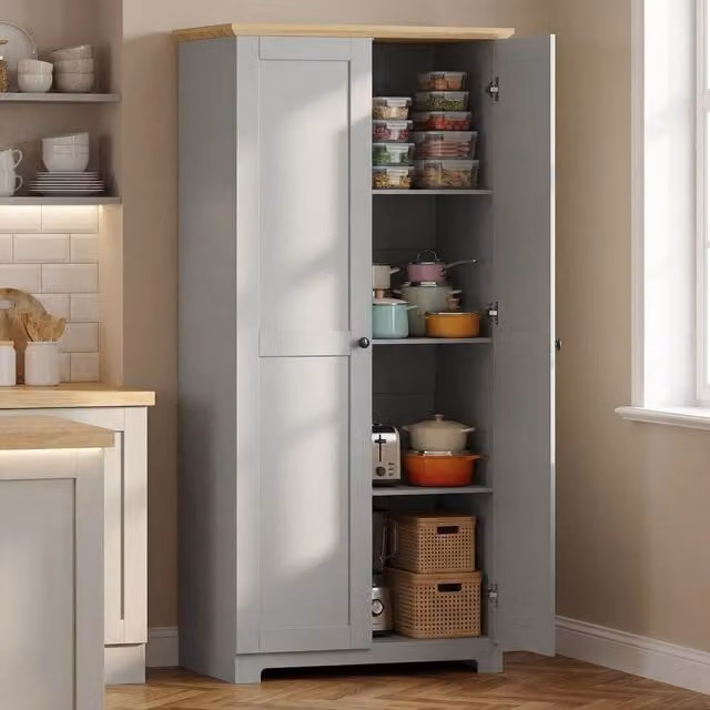 HOMCOM Modern Grey Freestanding Tall Kitchen Storage Cabinet with 2 Hinged Doors and Internal Shelves, H 172 x W 80 x D 47 cm