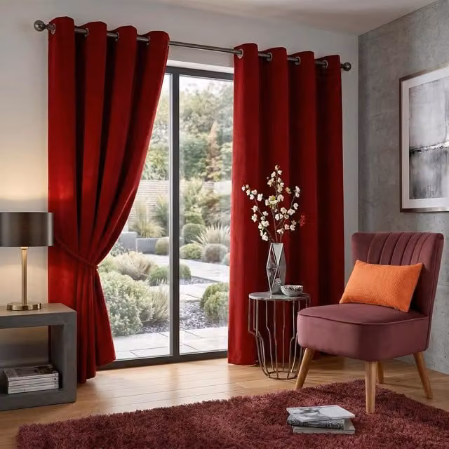 Livinluxury Red Velvet Look Eyelet Blackout Curtains, Thermal Insulating, Width: 117 cm