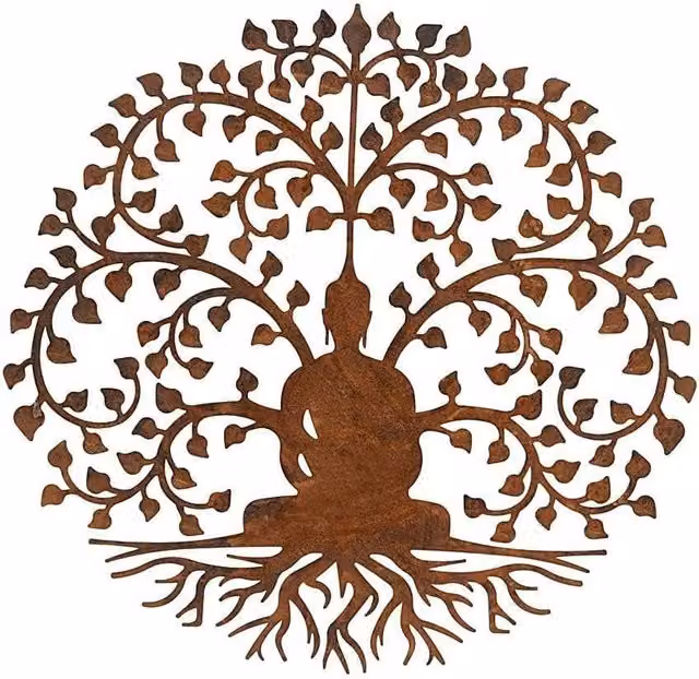 Inspirational Gifting Bodhi Buddha Round Metal Garden Wall Art Plaque, Brown, Diameter: 60 cm