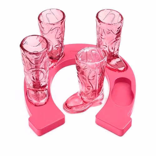 Final Touch Pink Horseshoe Boot Shot Glass Set with 4 x 30 ml Cowgirl Boot Glasses and Horseshoe Serving Tray