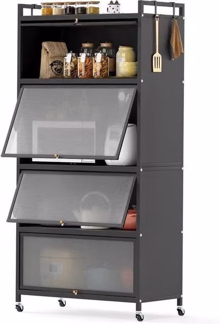 Gymax 5-Tier Rolling Kitchen Storage Cabinet and Microwave Stand with Hinged Doors in Black