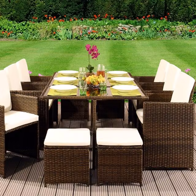 Comfy Living 11 Piece Cube Rattan Garden Furniture Set with Glass Top and Cover in Brown