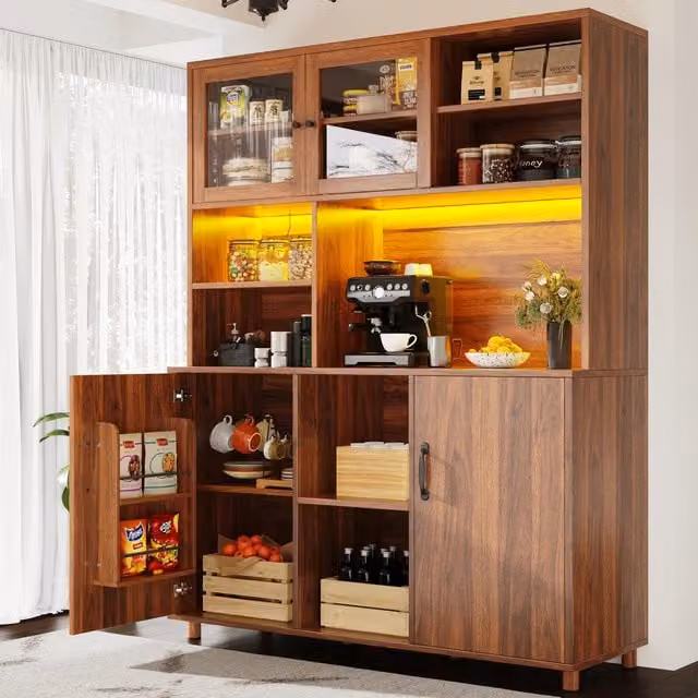 Aosom UK Walnut Brown Tall Cabinet with Silent Sliding Toughened Glass Doors and LED Lighting, W: 40 cm, D: 140 cm, H: 185 cm
