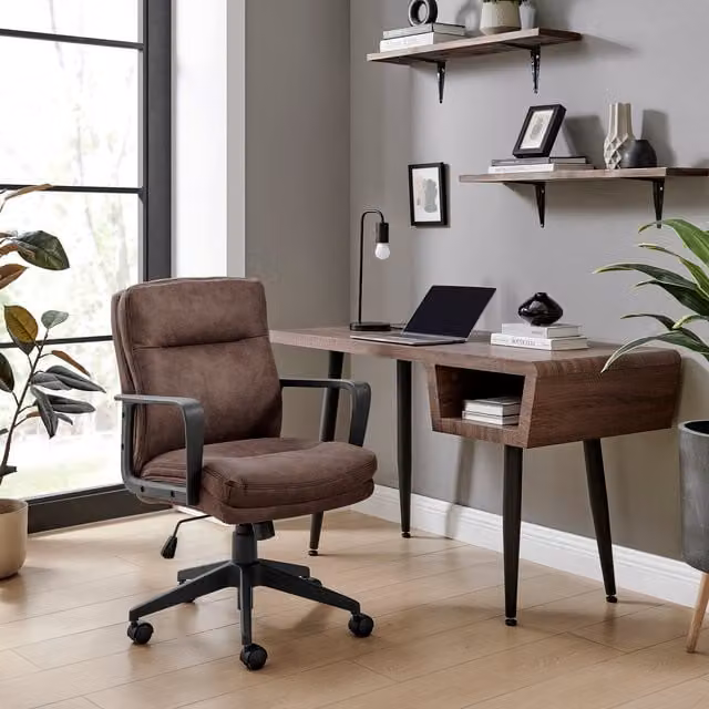 Rosco Brown Synthetic Leather Ergonomic Swivel Office Desk Chair with Armrests and Castors