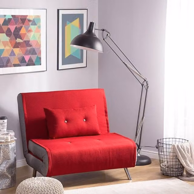 Wyld and Coco Red Fabric Single Sofa Bed with Metal Frame and Armrests