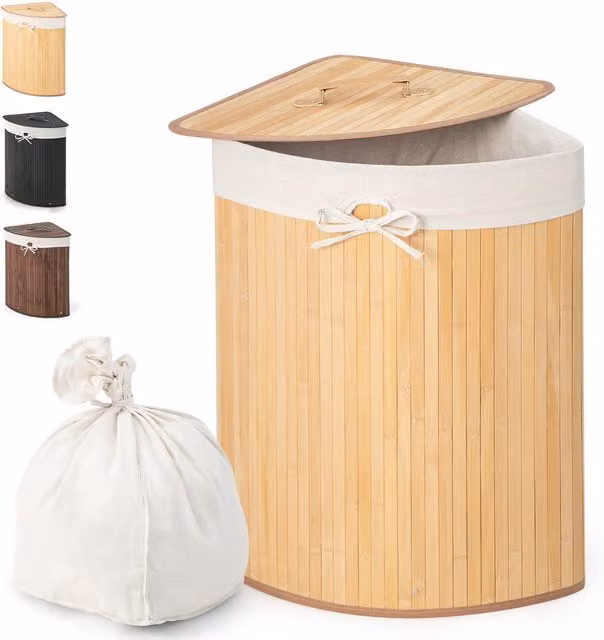 Costway 58L Bamboo Laundry Basket with Lid and Removable Bag in Beige and Brown