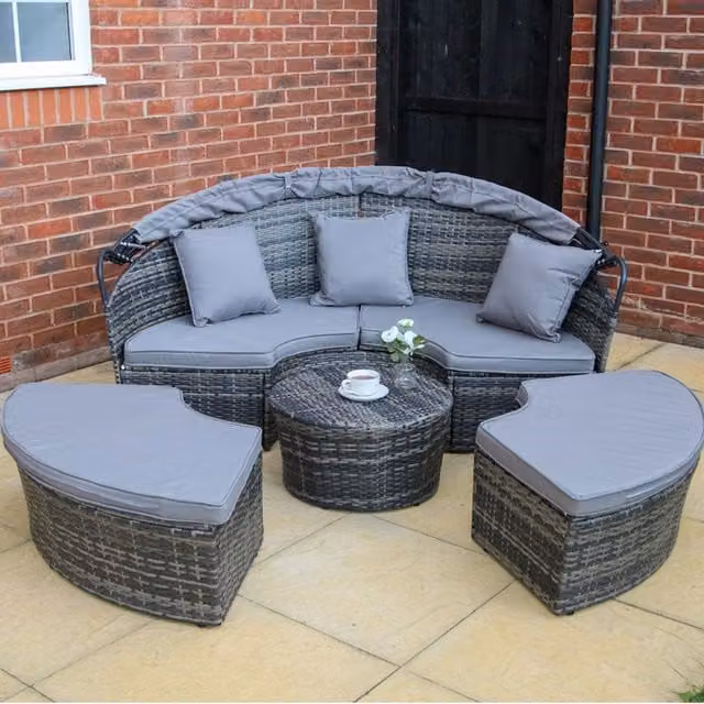Furniture Maxi Grey Outdoor Rattan Garden Round Day Bed Set with Sun Canopy and Weatherproof Cushions