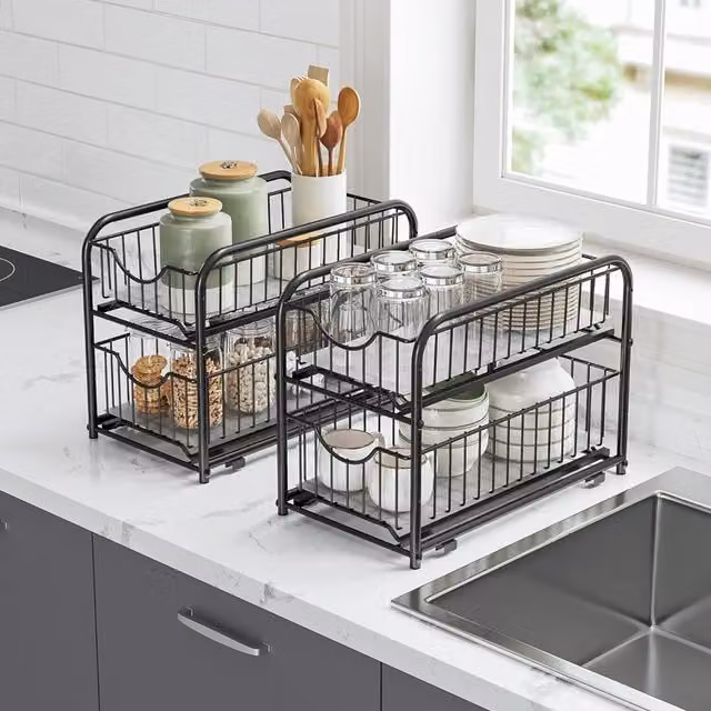 The Bazaarist 2 Tier Under Sink Storage Rack with Sliding Metal Baskets, Black