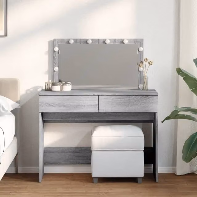 Berkfield Home Grey Sonoma Dressing Table with Hollywood LED Mirror W/D/H: 100 x 40 x 120 cm
