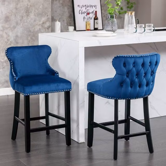 Modern Home Touch Set of 2 Blue Velvet Upholstered Bar Stools with Wood Legs