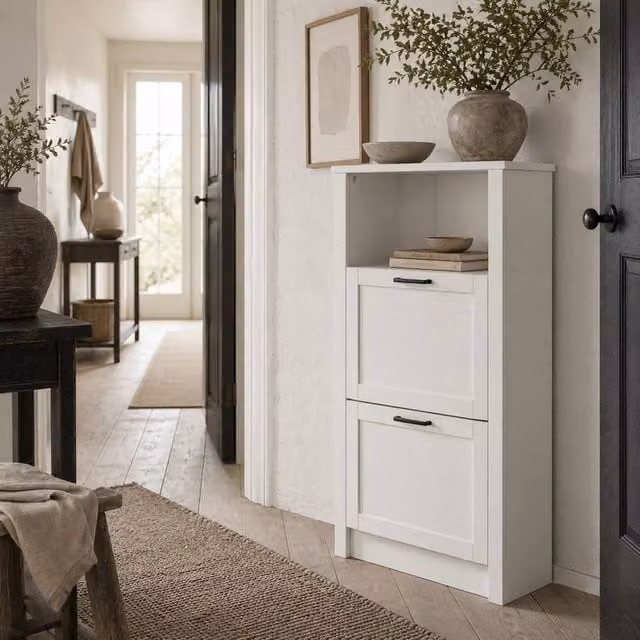 Wyld Haus Lisavi Slim White Shoe Cabinet with 2 Tilting Compartments and Open Shelf