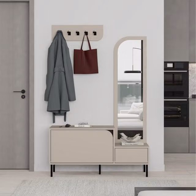 Decortie Mila Coat Stand Set with Full-Length Mirror and 2-Door Shoe Cabinet in Sandstone Beige, H 172 x W 112 x D 37 cm
