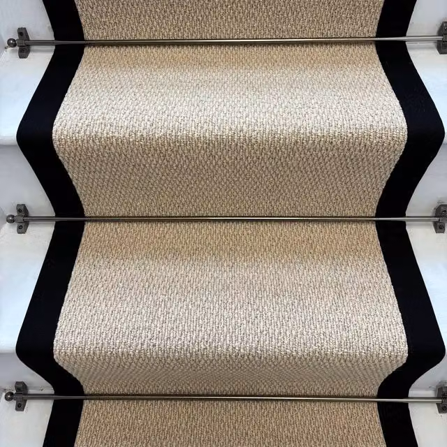 RainbowHome Kalahari Caramel Wool Stair Runner with 100% Cotton Black Border in Camel, W: 55 cm, L: 600 cm
