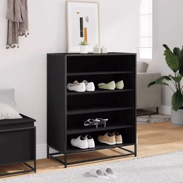 Berkfield Home Black Modern Shoe Cabinet in Engineered Wood and Metal, W/D/H: 75 x 38 x 97.5 cm