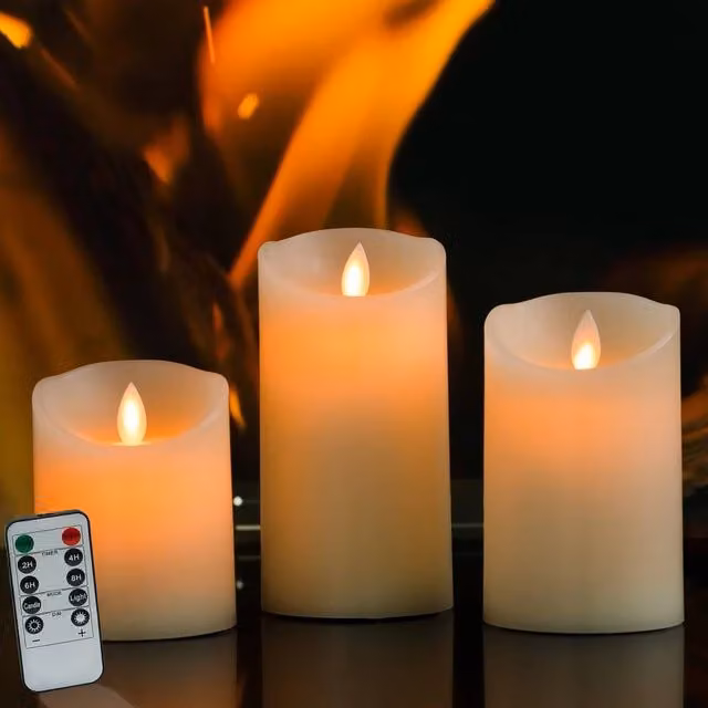 VOGREX Set of 3 White Real Wax Pillar LED Candles with Remote Control and Flickering Effect