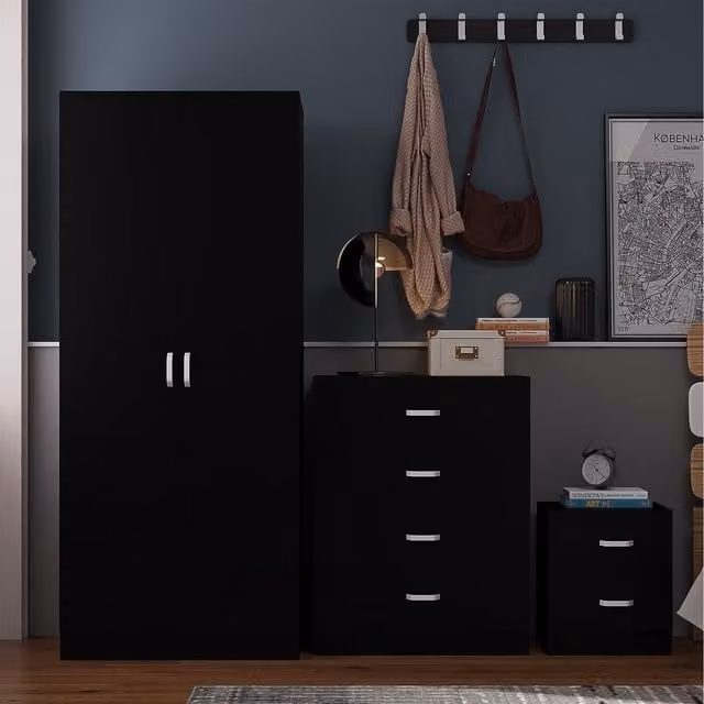 FWStyle Modern 3 Piece Matt Black Bedroom Set Including Wardrobe, Chest of Drawers and Nightstand