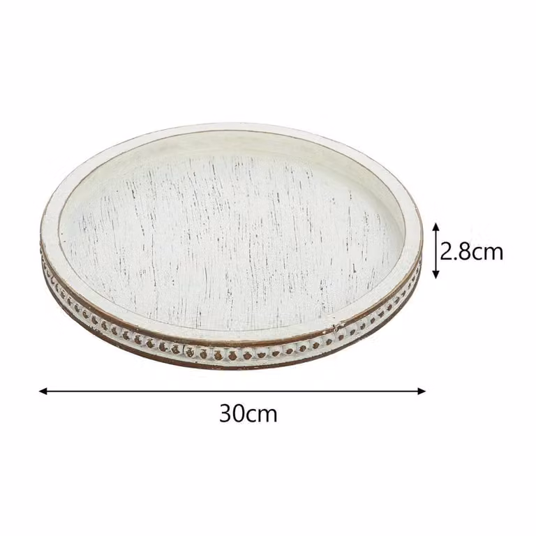 Havendro White Rustic Round Wooden Decorative Tray, Diameter: 30 cm